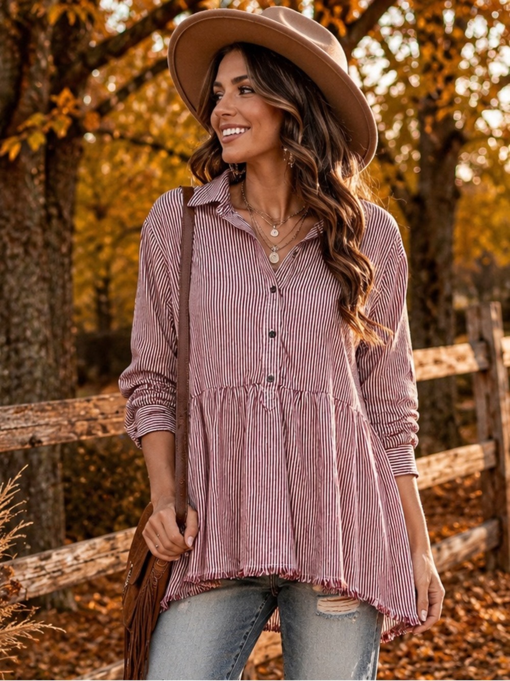True Craft XL Burgundy Cream Striped Babydoll Button Down Shirt